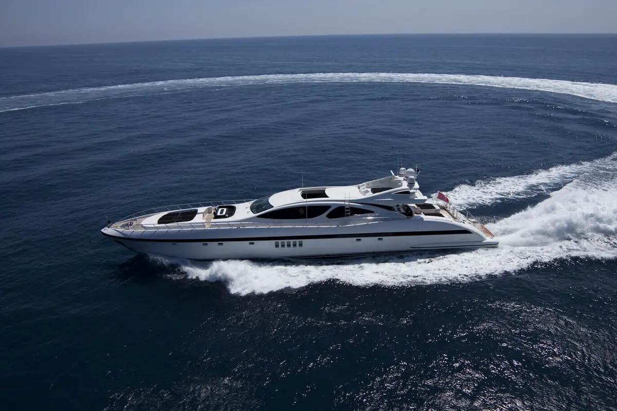 Mangusta 130, exterior — Yacht Hire Marbella, Marbella. Sport-yacht speed, five cabins, built for long coastal runs