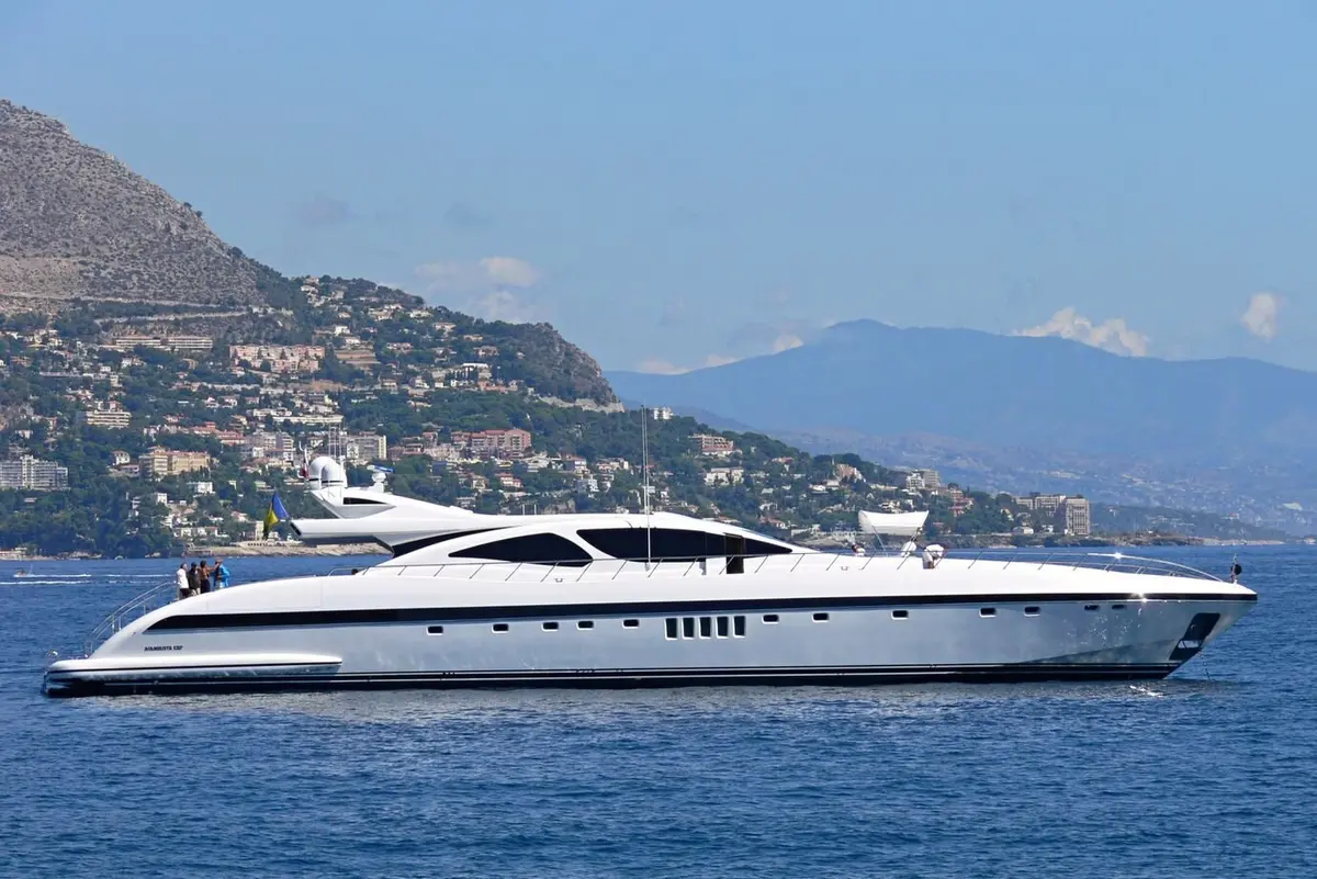 Mangusta 130, main deck — Yacht Hire Marbella, Marbella. Sport-yacht speed, five cabins, built for long coastal runs