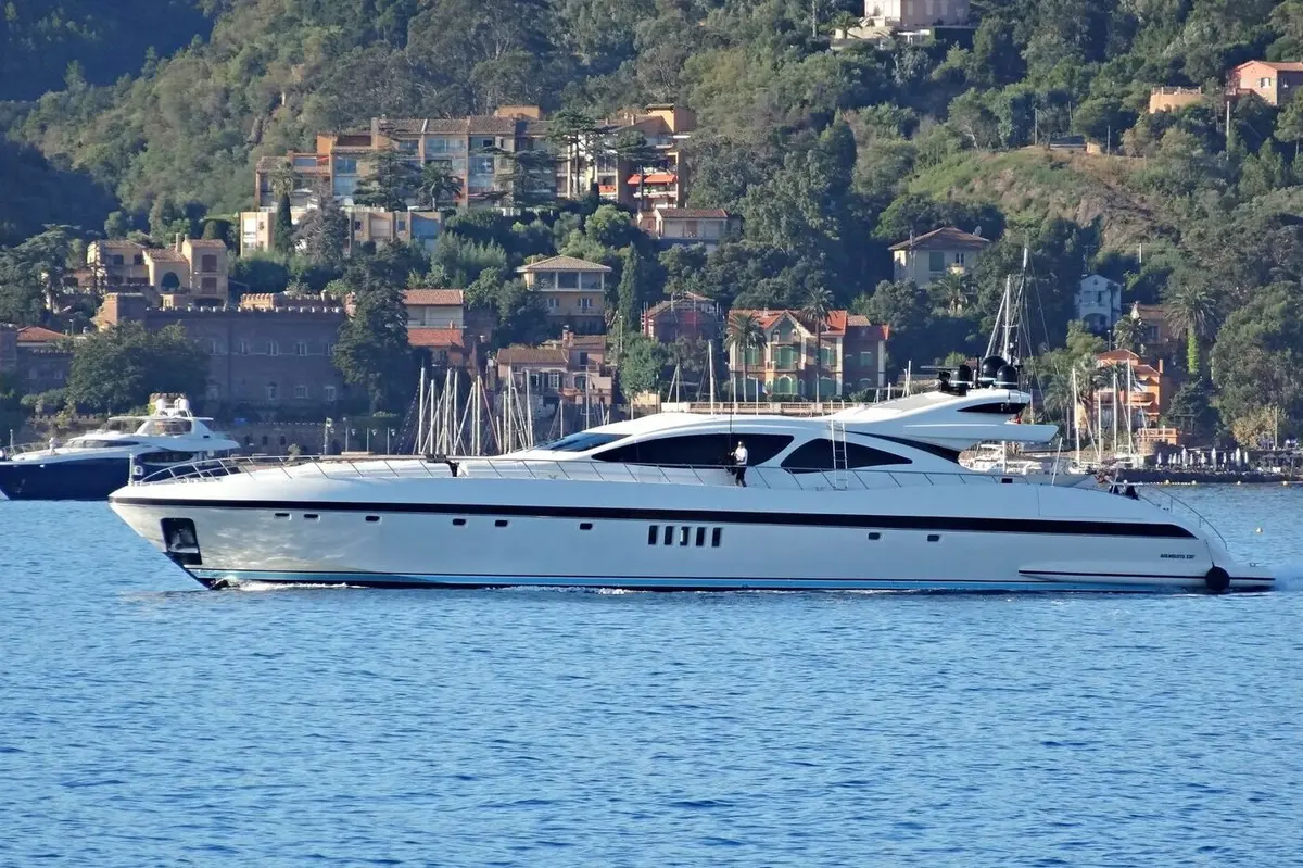 Mangusta 130, aft deck — Yacht Hire Marbella, Marbella. Sport-yacht speed, five cabins, built for long coastal runs