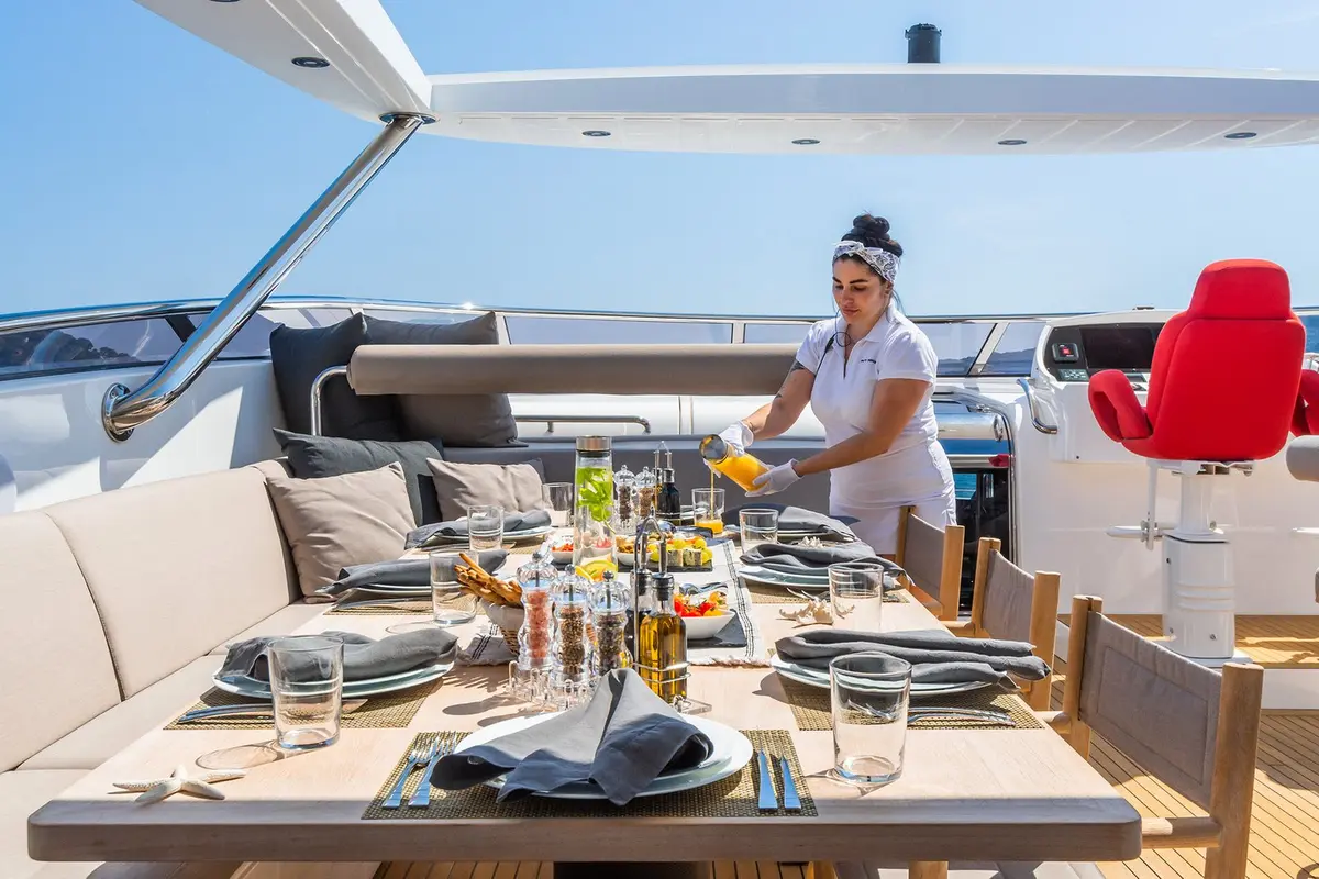 Mangusta 130, master cabin — Yacht Hire Marbella, Marbella. Sport-yacht speed, five cabins, built for long coastal runs
