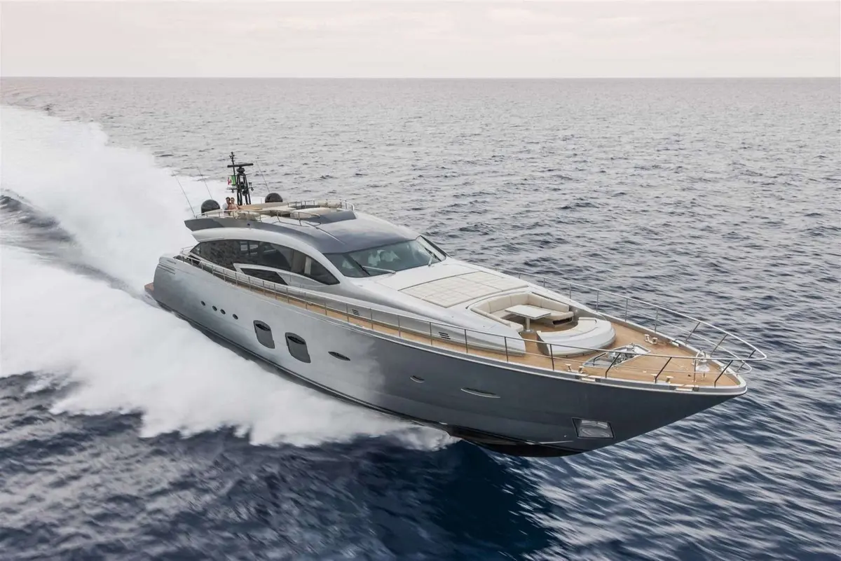 Mangusta 130, flybridge — Yacht Hire Marbella, Marbella. Sport-yacht speed, five cabins, built for long coastal runs